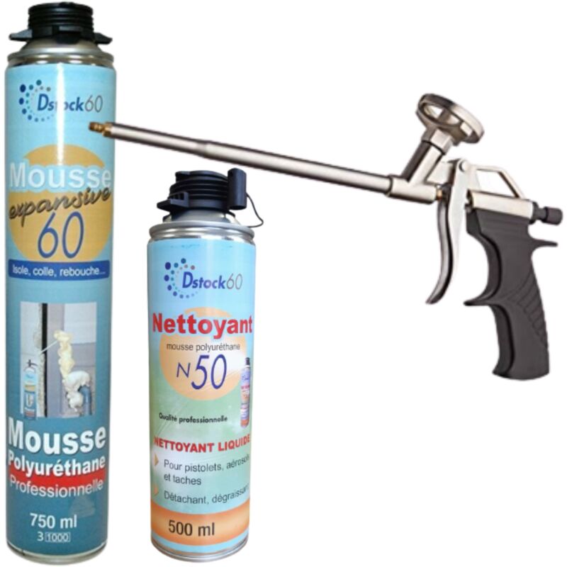 DSTOCK60 - 1 mousse pistolable expansive 750ml + 1 pistolet + 1 nettoyant - Isole. colle. rebouche - Extérieur & Intérieur