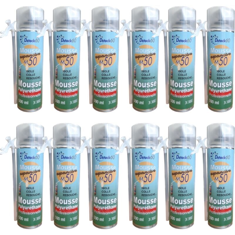 Dstock60 - 12 mousses expansives manuelles 500ml - Mousse polyuréthane pro - Isole. colle. rebouche - Extérieur & Intérieur
