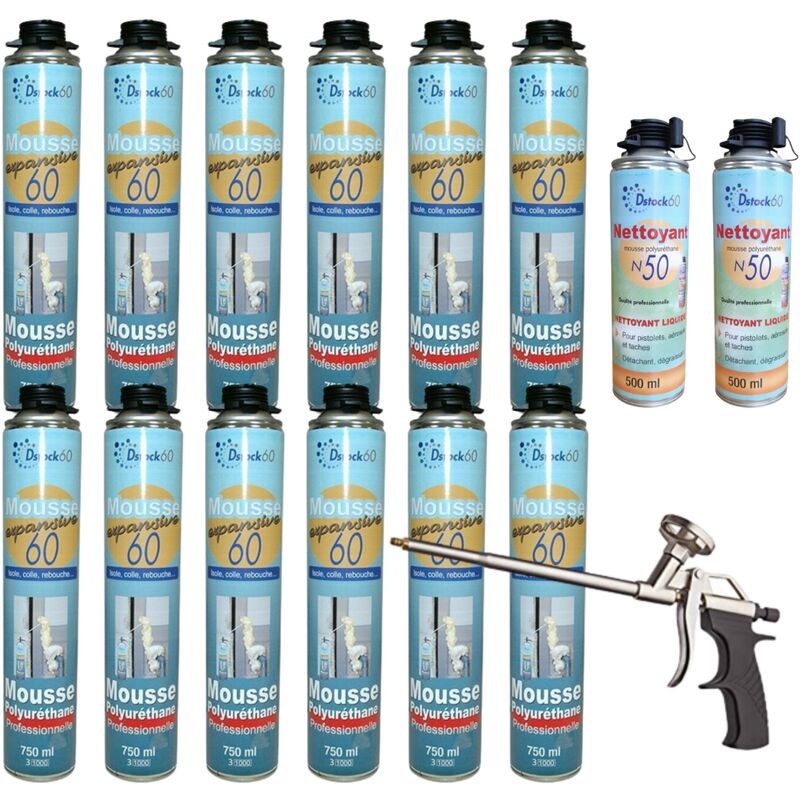 Dstock60 - 12 mousses pistolables expansives 750ml + 1 pistolet + 2 nettoyants - Isole. colle et rebouche - Extérieur & Intérieur