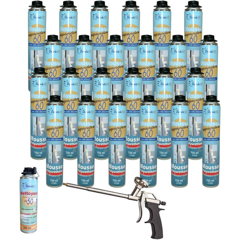 Dstock60 - 24 mousses pistolables expansives 750ml + 1 pistolet + 1 nettoyant - Isole. colle et rebouche - Extérieur & Intérieur