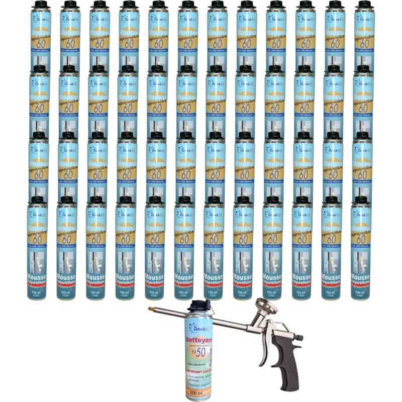 Dstock60 - 48 mousses pistolables expansives 750ml + 1 pistolet + 1 nettoyant - Isole. colle et rebouche - Extérieur & Intérieur
