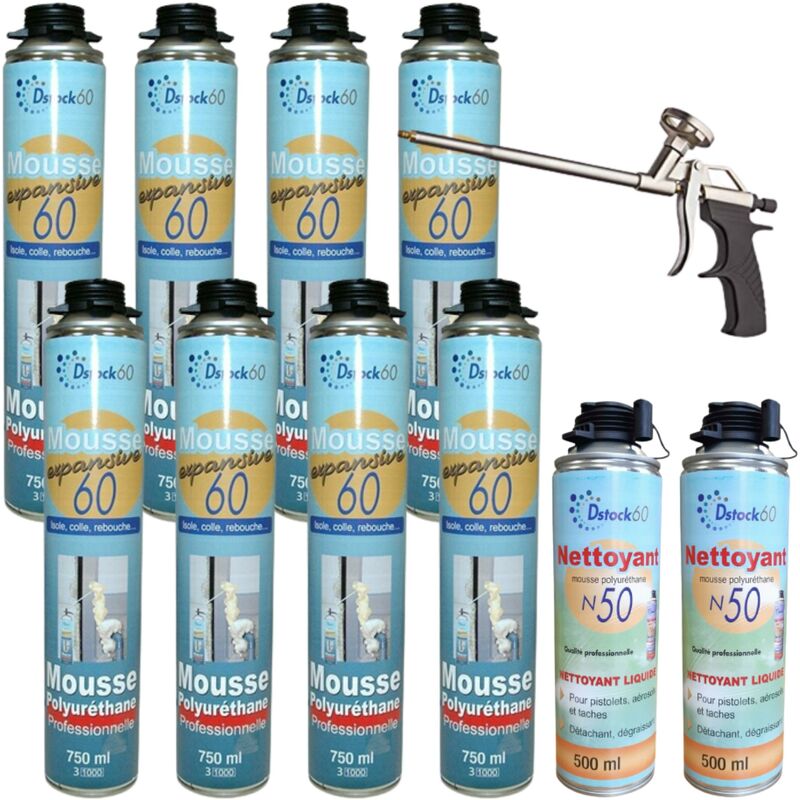 Dstock60 - 8 mousses pistolables expansives 750ml + 1 pistolet + 2 nettoyants - Isole. colle. rebouche - Extérieur & Intérieur