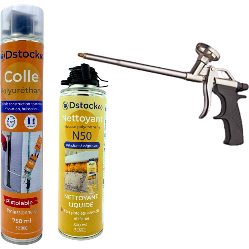 Lot de 1 colle de montage polyuréthane + 1 pistolet + 1 nettoyant mousse - Mousse polyuréthane faiblement expansive pour le collage des panneaux