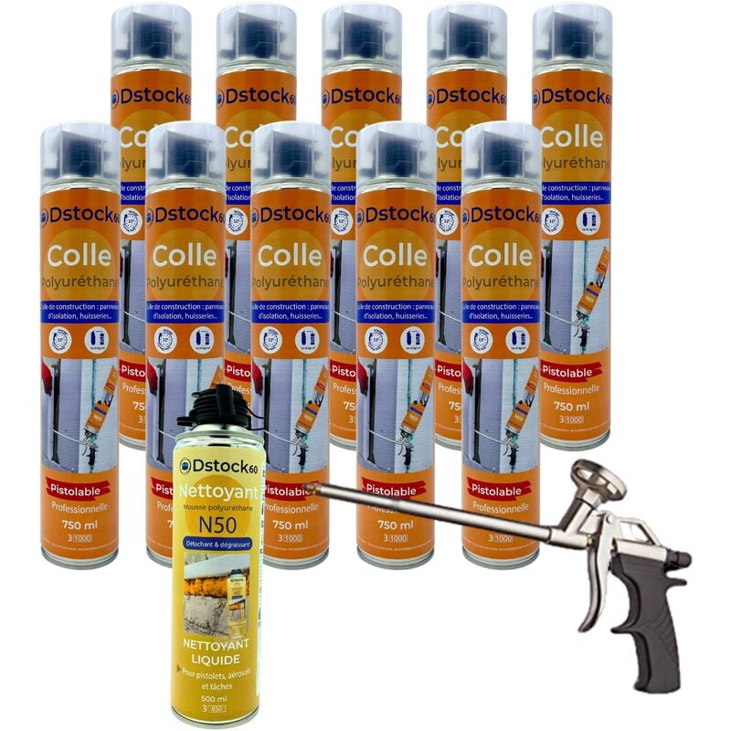 Lot de 10 colles de montage polyuréthane + 1 pistolet + 1 nettoyant mousse - Mousse polyuréthane faiblement expansive pour le collage des panneaux