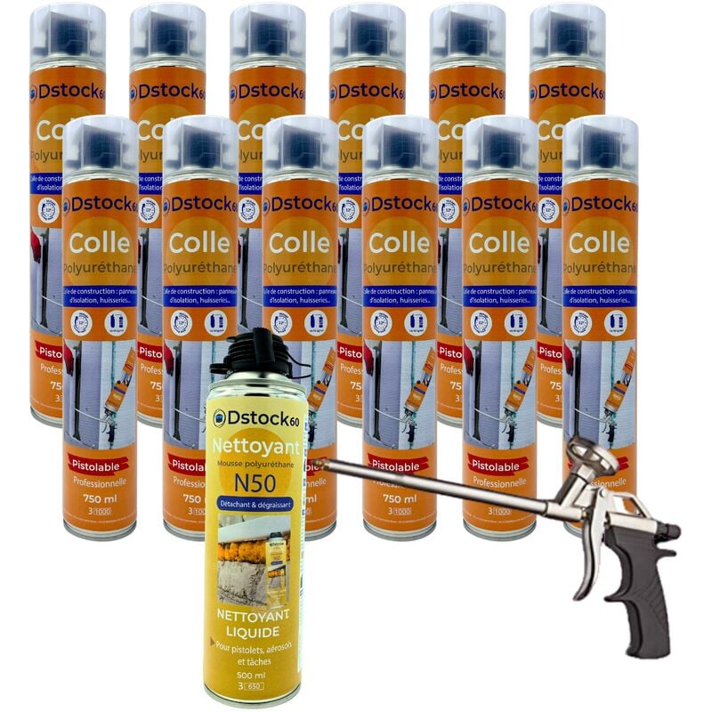 Dstock60 - Lot de 12 colles de montage polyuréthane + 1 pistolet + 1 nettoyant mousse - Mousse polyuréthane faiblement expansive pour le collage des