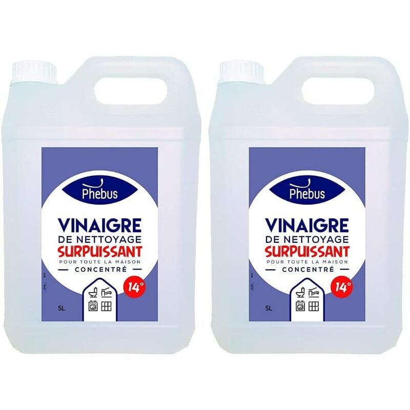 DSTOCK60 - LOT DE 2 BIDONS DE 5 LITRE DE VINAIGRE BLANC NATUREL CONCENTRE 14 Degrès (PHEBUS produit d'origine garantie) DEGRAISSE. DETARTRE. DESHERBE