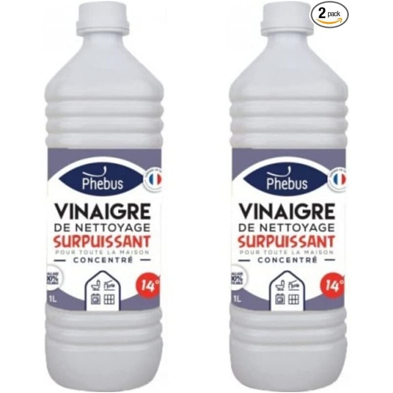 Lot de 2 bouteilles de 1 litre de vinaigre blanc naturel concentre 14 Degrés (phebus produit d'origine garantie) - degraisse. detartre. desherbe