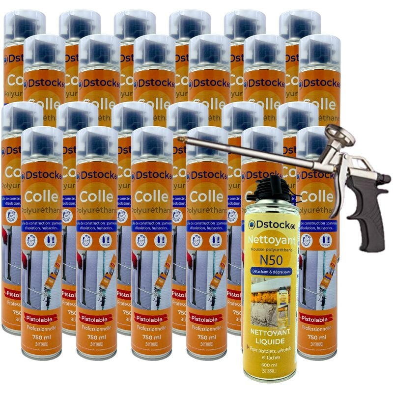 DSTOCK60 - Lot de 24 colles de montage polyuréthane + 1 pistolet + 1 nettoyant mousse - Mousse polyuréthane faiblement expansive pour le collage des