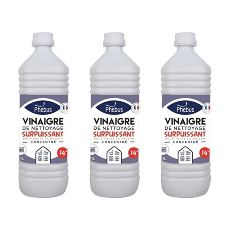Lot de 3 bouteilles de 1 litre de vinaigre blanc naturel concentre 14 Degrés (phebus produit d'origine garantie) - degraisse. detartre. desherbe