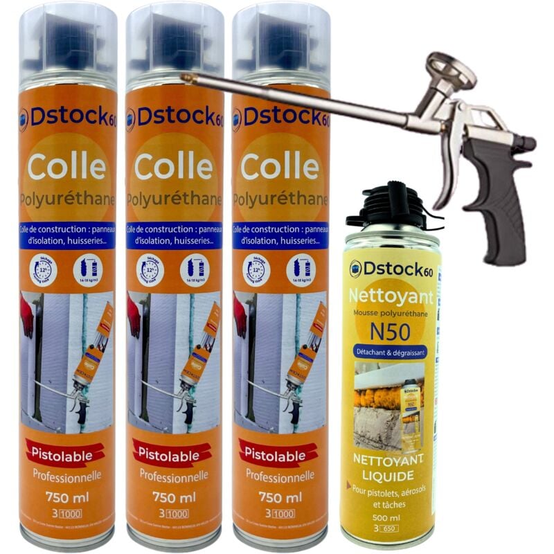 Lot de 3 colles de montage polyuréthane + 1 pistolet + 1 nettoyant mousse - Mousse polyuréthane faiblement expansive pour le collage des panneaux