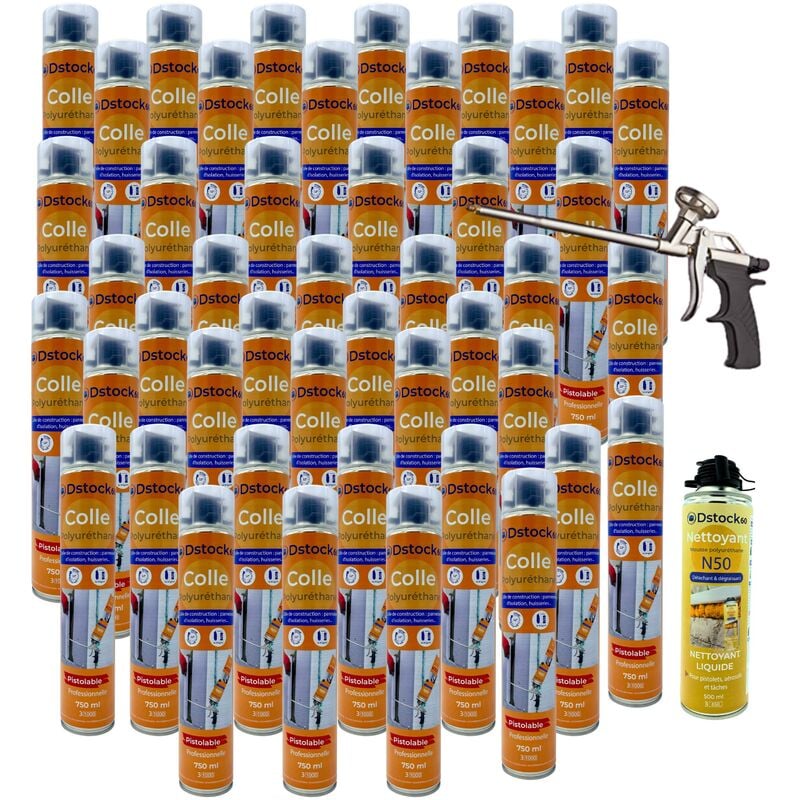 Dstock60 - Lot de 48 colles de montage polyuréthane + 1 pistolet + 1 nettoyant mousse - Mousse polyuréthane faiblement expansive pour le collage des