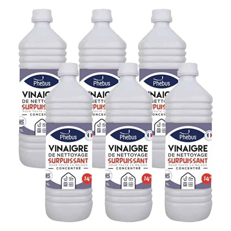 Dstock60 - lot de 6 bouteilles de 1 litre de vinaigre blanc naturel concentre 14 Degrés (phebus produit d'origine garantie) - degraisse. detartre.