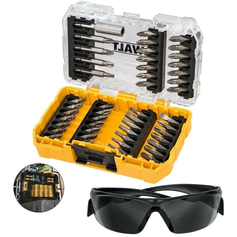 Dewalt - 47 Piece Impact Rated Screw Driver Bit Set Hex Shank Black Safety Glasses