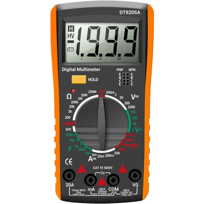 DT9205A Voltmètre AC/DC Ampèremètre Courant Tension Mètre Testeur de Capacité de Résistance(Orange)
