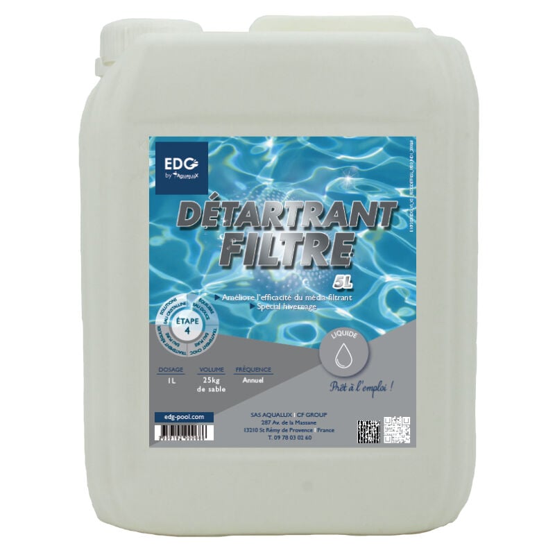Aqualux - Detartrant Filtre Piscine - Protection Hivernage - Compatible Sable Verre Cartouche Tissu Fibre - Bidon 5 Litres - Edg By