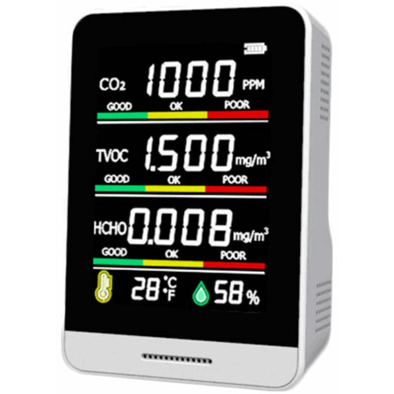 Détecteur de CO2 tvoc hcho Outil de Détection d'humidité de la Température Détection Rapide Moniteur de Qualité de l'air 5 en 1, Noir et blanc