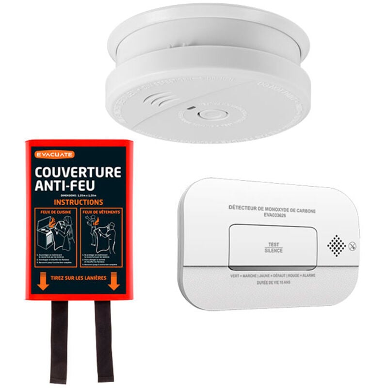 Evacuate - Détecteur de fumée nf autonomie 5 ans + Détecteur de monoxyde de carbone nf 3 ans + couverture anti-feu 1,20x1,20 m