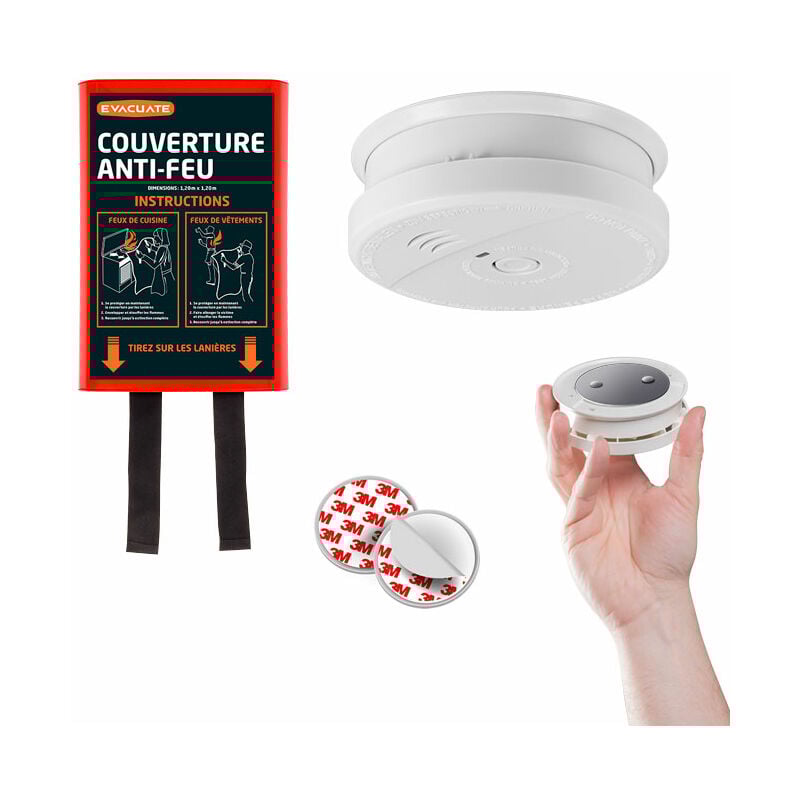 Evacuate - Détecteur de fumée nf autonomie 5 ans + support magnétique + couverture anti-feu 1,20x1,20 m