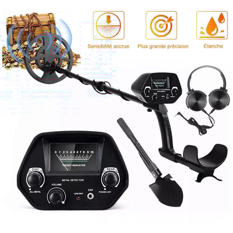 Détecteur de métaux Ultrixe, haute sensibilité, Bobine étanche Détecte, Avec casque d'écoute/ pelle -Noir