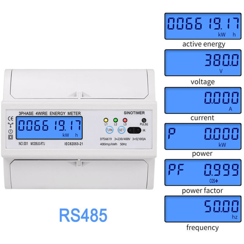 Ahlsen DTS6619-017 triphasé à quatre fils, LCD 7P, montre d'énergie rétroéclairée avec compteur d'énergie RS485 multifonction