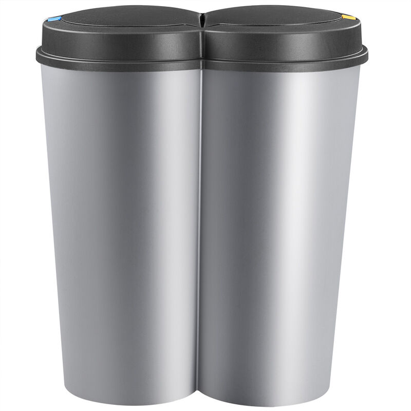 Recycling Bin 50L Double Dustbin Lid Dual Kitchen Dust Rubbish Bins Waste Compost Push Button 2 Compartments 2x25 Litres Silver