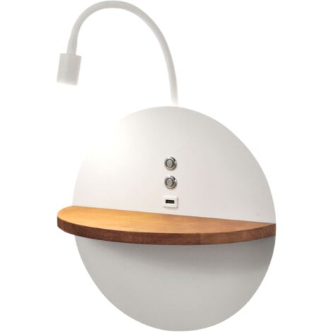 Dual - Applique da parete con mensola e luce LED 15W Fabas Luce Touch dimmer - Bianco opaco con legno USB integrata