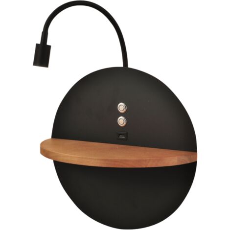 Dual - Applique da parete con mensola e luce LED 15W Fabas Luce Touch dimmer - Nero opaco con legno USB integrata