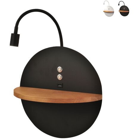 Dual - Applique murale avec étagère et lumière LED 15W Fabas Luce Touch variateur - Noir mat avec bois USB intégré