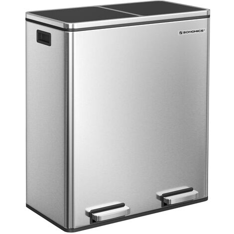 Dual Rubbish Bin, 2 x 30L Trash Can, Metal Step Bin, with Dual Compartments, Plastic Inner Buckets and Hinged Lids, Handles, Soft Closure, Airtight, Black/Silver