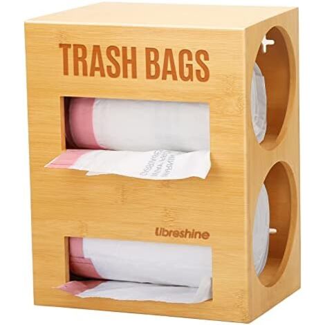 Dual-Slot Bamboo Trash Bag Dispenser for 13 Gallon, 2-in-1 Garbage/Grocery Bag Holder, Wall/Under-Sink Mount, Space-Saving Storage Organizer for Kitchen, Garage, Laundry, Pantry