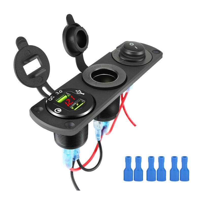 Dual USB Car Charger Socket Panel with 12V Cigarette Lighter Socket Splitter, LED Voltmeter and Independent Switch