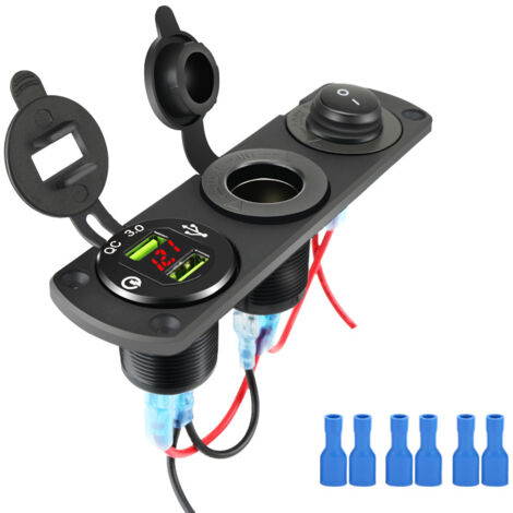 Dual USB Car Charger Socket Panel with 12V Cigarette Lighter Socket Splitter, LED Voltmeter and Independent Switch