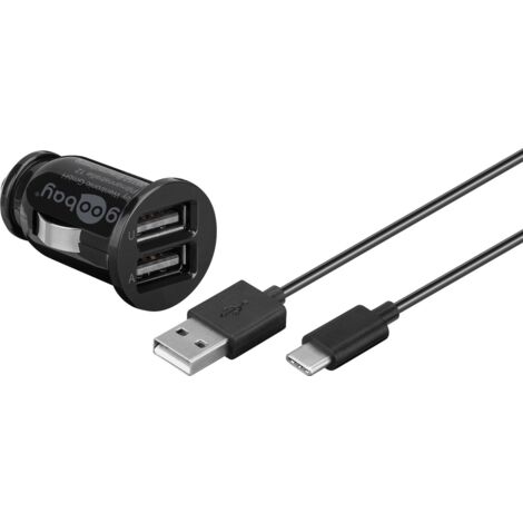 Dual USB set di ricarica per auto USB-C™, USB-A (12 W), Adattatore di ricarica per auto con 2x UBS-A e cavo USB-C™ 1.0 m (nero).