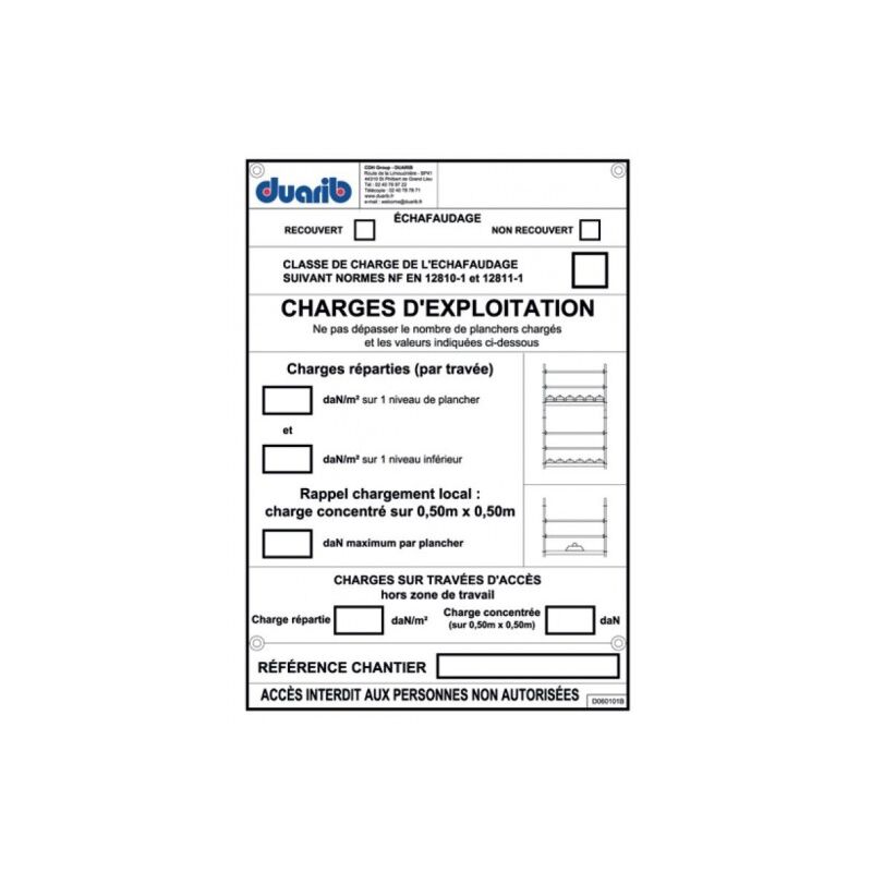 Duarib - Panneau d'information sur la capacité de l'échafaudage - pour échafaudages F3000, F3000 alu et multi 4X