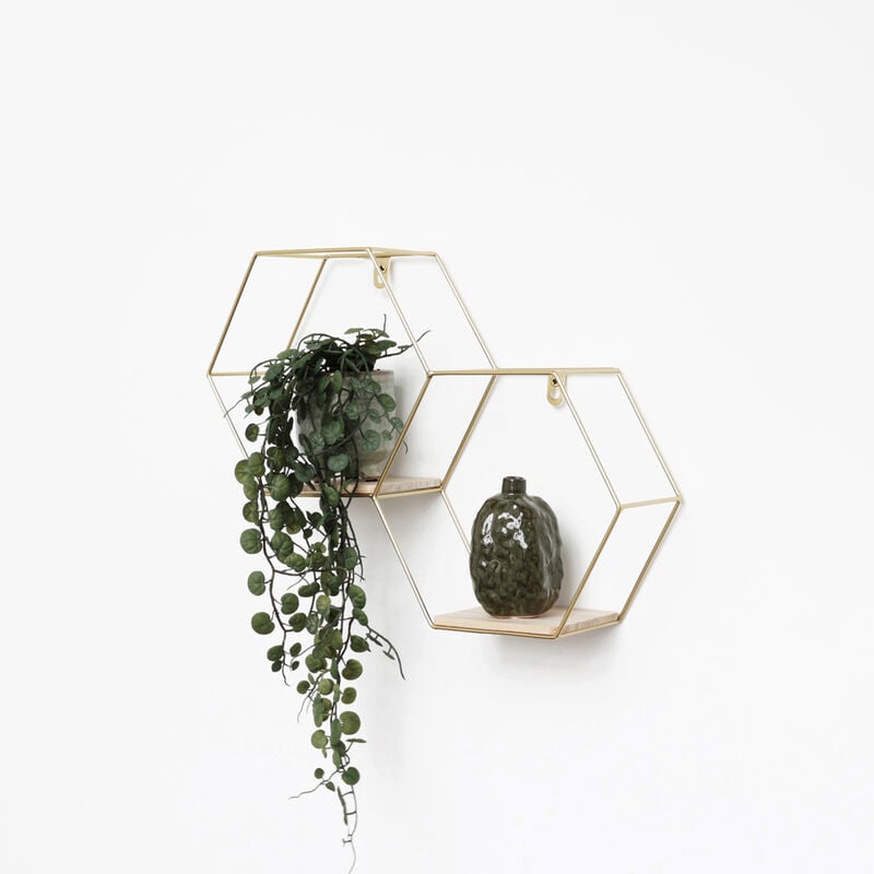 Vivol - Double étagère murale hexagonale en métal avec 2 tablettes en bois - 30,5x41 cm - Or