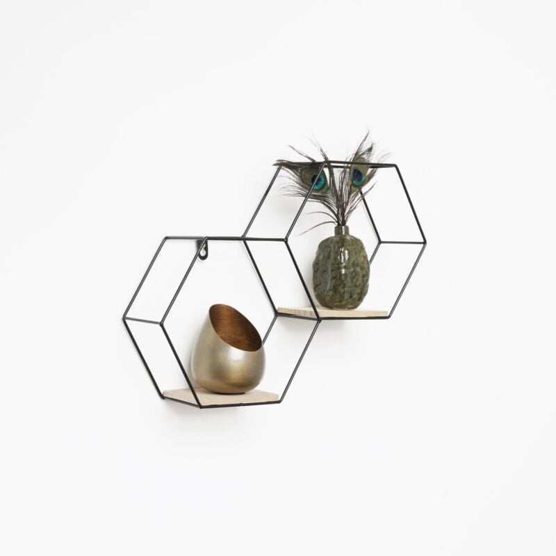 Vivol - Double étagère murale hexagonale en métal avec 2 tablettes en bois - 30,5x41 cm - Noir