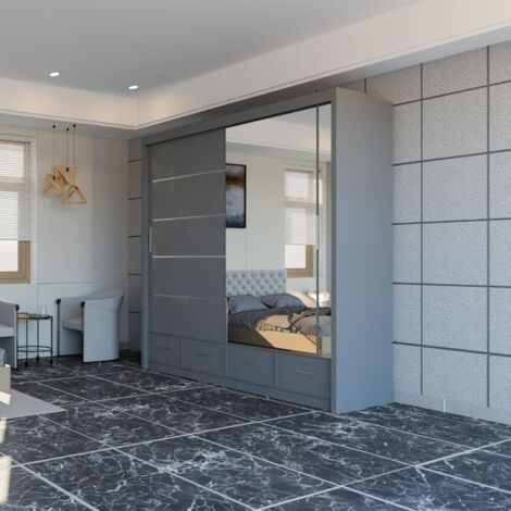Dublin High Gloss 2&3 Sliding Mirror Door Wardrobe - Grey 208cm