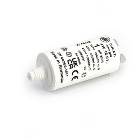 Ducati Energia – Condensateur permanent 1µF à cosses Faston 6.3mm – Ø25x49mm – Durée de vie 10.000 heures – Compatible moteurs 220V