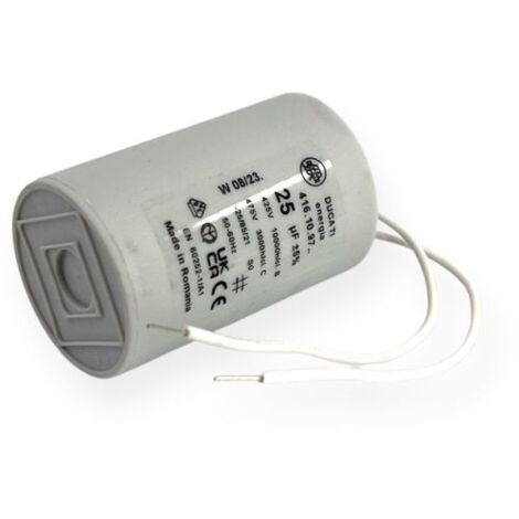 Ducati Energia – Condensateur permanent 25µF – Ø45x70mm – Longueur des fils 150mm – Compatible moteurs monophasés 220V – Homologué VDE EN60252-1