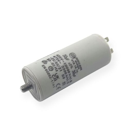 Ducati Energia – Condensateur permanent 30µF – Double cosses Faston 6.3 mm – Longueur 92 mm – Diamètre 40 mm – Homologation EN60252-1