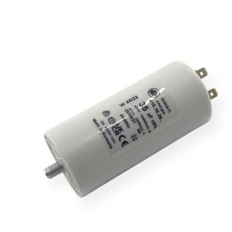 Ducati Energia – Condensateur permanent 35µF double cosses Faston 6.3mm – Ø45x92mm – Durée de vie 10.000 heures – Homologué VDE EN60252-1