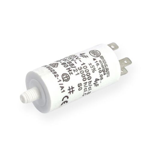 Ducati Energia – Condensateur permanent 4µF à cosses – Ø28mm x 55mm – Sortie double cosses Faston 6.3mm – Homologué VDE EN60252-1
