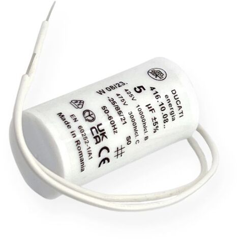 Ducati Energia – Condensateur permanent 5µF – Ø28mm x 55mm – Longueur fils 150mm – Compatible moteurs monophasés 220V – Homologué VDE EN60252-1