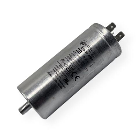Ducati Energia – Condensateur permanent aluminium 20µF – Cosses Faston double 6.3mm – Ø40mm x 98mm – Durée de vie 30,000 heures – Compatible moteurs 220V