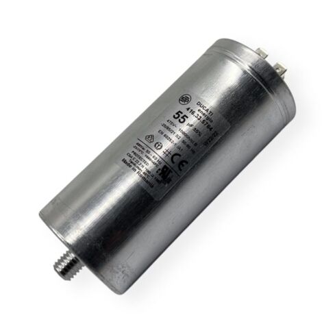 Ducati Energia – Condensateur permanent aluminium 55µF – Cosses Faston double 6.3 mm – Ø55x122mm – Durée de vie 30,000 heures