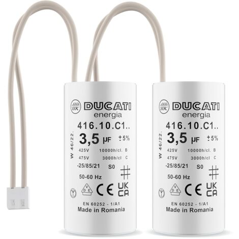 Ducati Energia – Lot de 2 condensateurs 3,5 µF – Tension 425V à 475V AC – Longueur 50mm – Connecteurs intégrés pour moteur de volet roulant