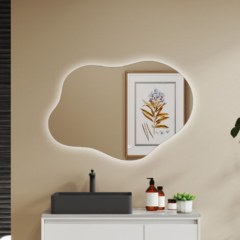 Ducha Casa Espejo de Baño Asimétrico LED Tricolor Ajustable,Antivaho,Regulable Sin Pasos y Memoria de Apagado,85×52cm