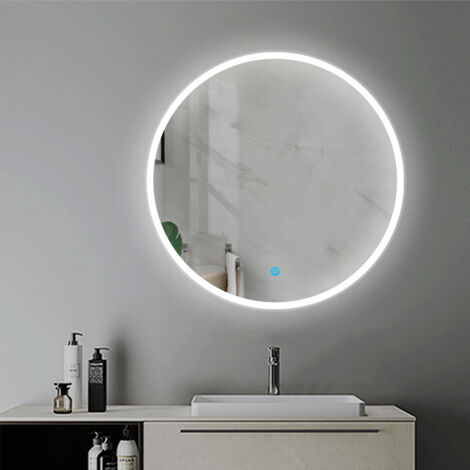 Ducha Casa Espejo de baño circular con luz LED de 60×60 cm,regulación de luz continua,memoria de apagado,luz blanca fría 6000K,equipado con interruptor táctil e interruptor de pared