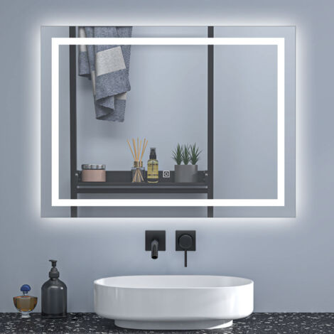 Ducha Casa Espejo de baño con luz LED, luz con 3 colores,rectangular,80 x 60 cm, función antinieble+ brillo ajustable+ función memoria agapada