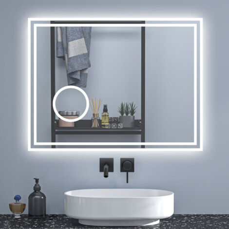 Ducha Casa Espejo de baño rectangular LED con antiniebla,Bluetooth,lupa,regulación de brillo,reloj y memoria de configuración